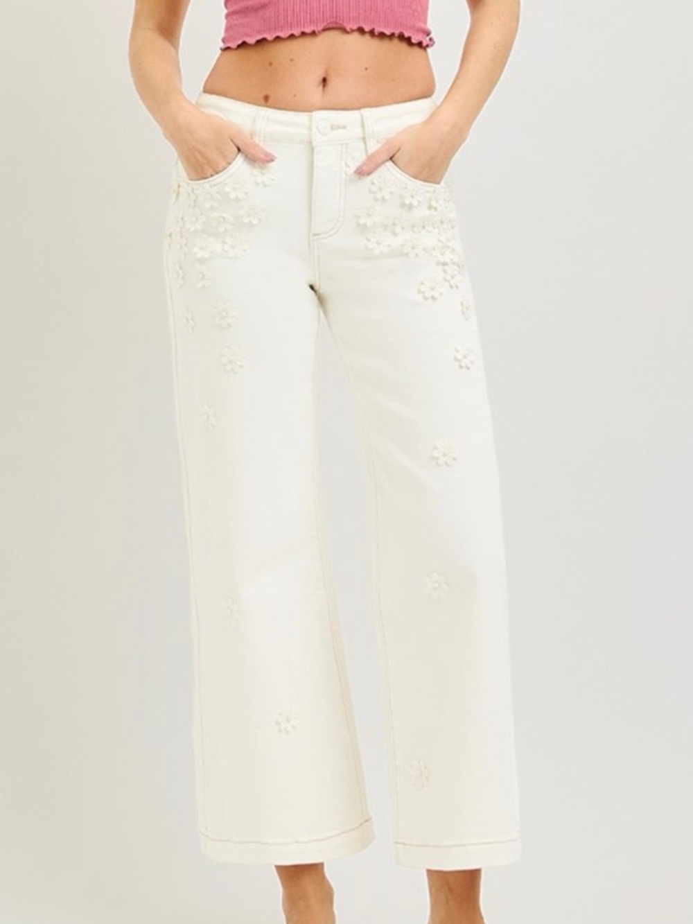 💕 NEW! Risen Tummy Control Cream Wide-Leg Jeans with Pearl embellishments